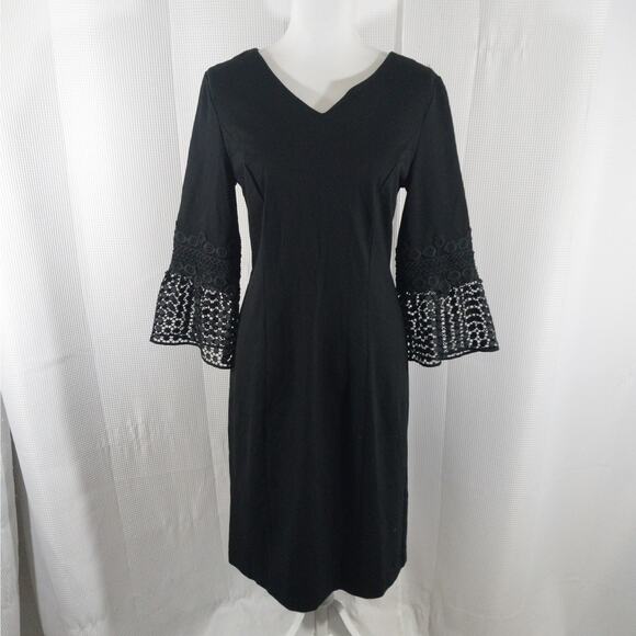 TALBOTS! ELEGANT BLACK KNIT EMBROIDERED BELL SLEEVE CLASSIC SHEATH DRESS! SZ 8 - Picture 2 of 8